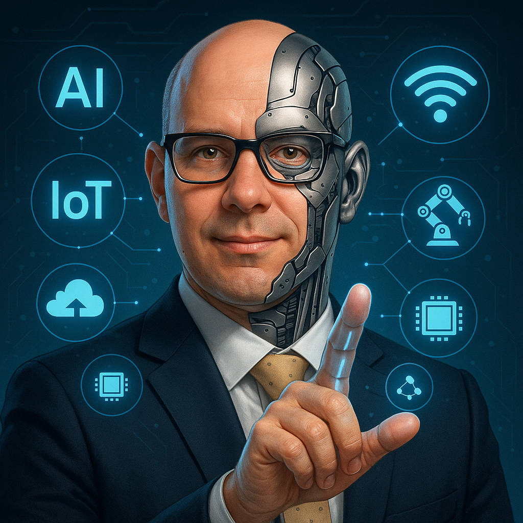 Ein Mann mit einer Hälfte seines Gesichts als Roboter, der einen Anzug trägt und Technologien wie KI, IoT und Robotik präsentiert.