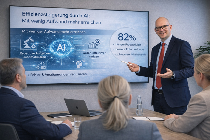Boris Milo präsentiert künstliche Intelligenz im Business Meeting mit KPI Analyse und Digitalisierung