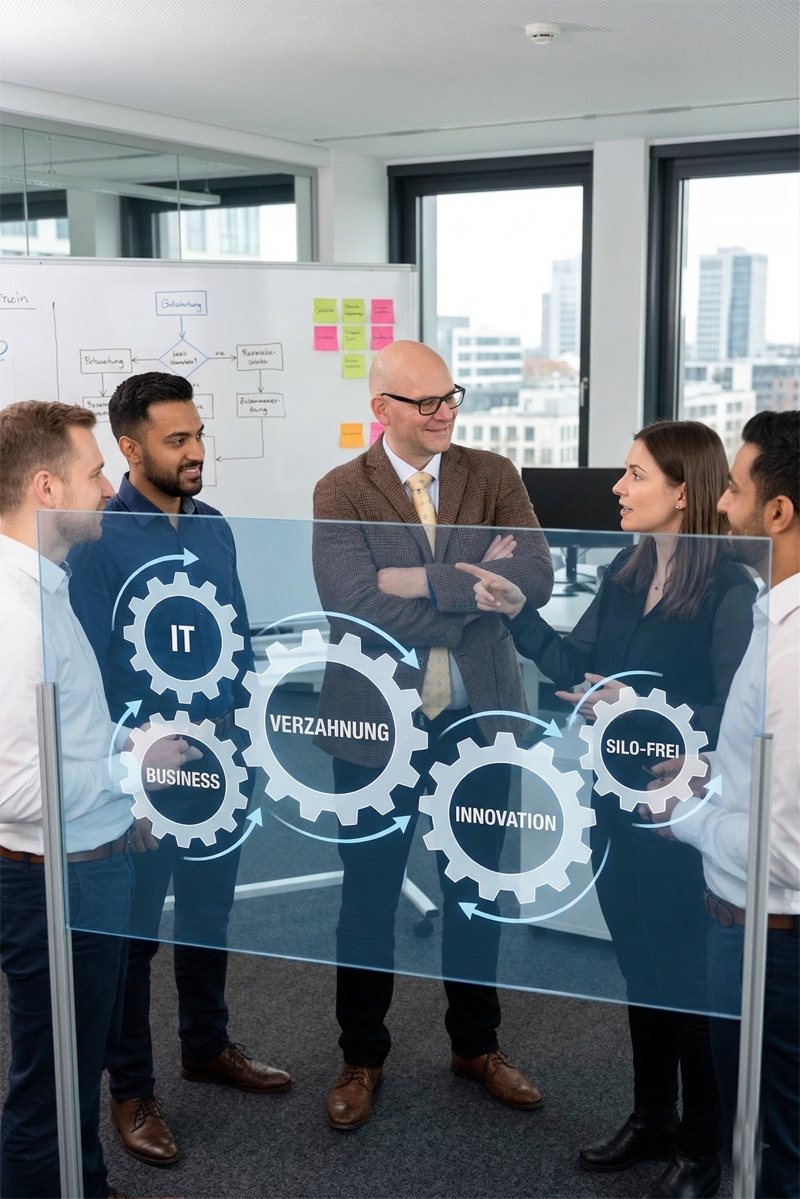 Boris Milo im Meeting mit Team bei der Deutschen Bank Schweiz, Zusammenarbeit zwischen IT und Business